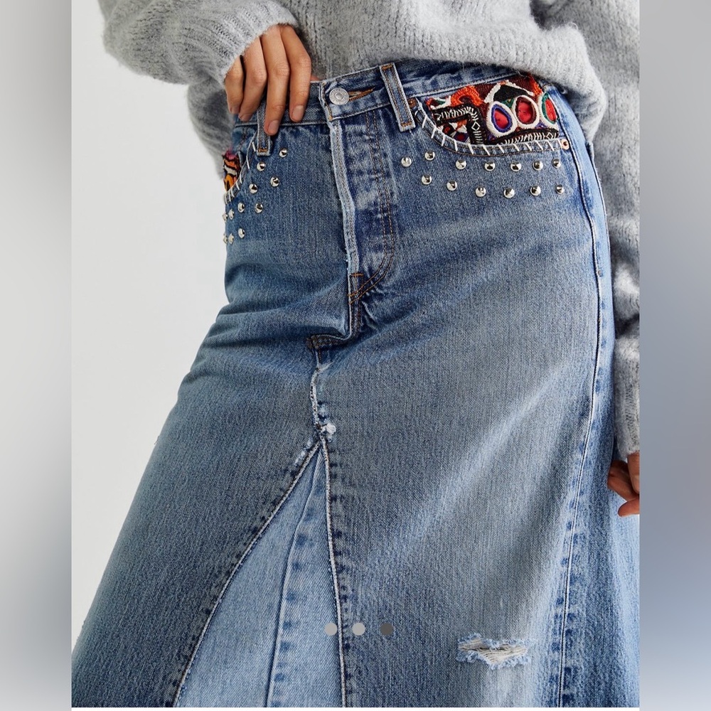 ❤️VERY RARE Tricia Fix free people Blue Patchwork Denim Maxi Skirt with Studs - Picture 3 of 16